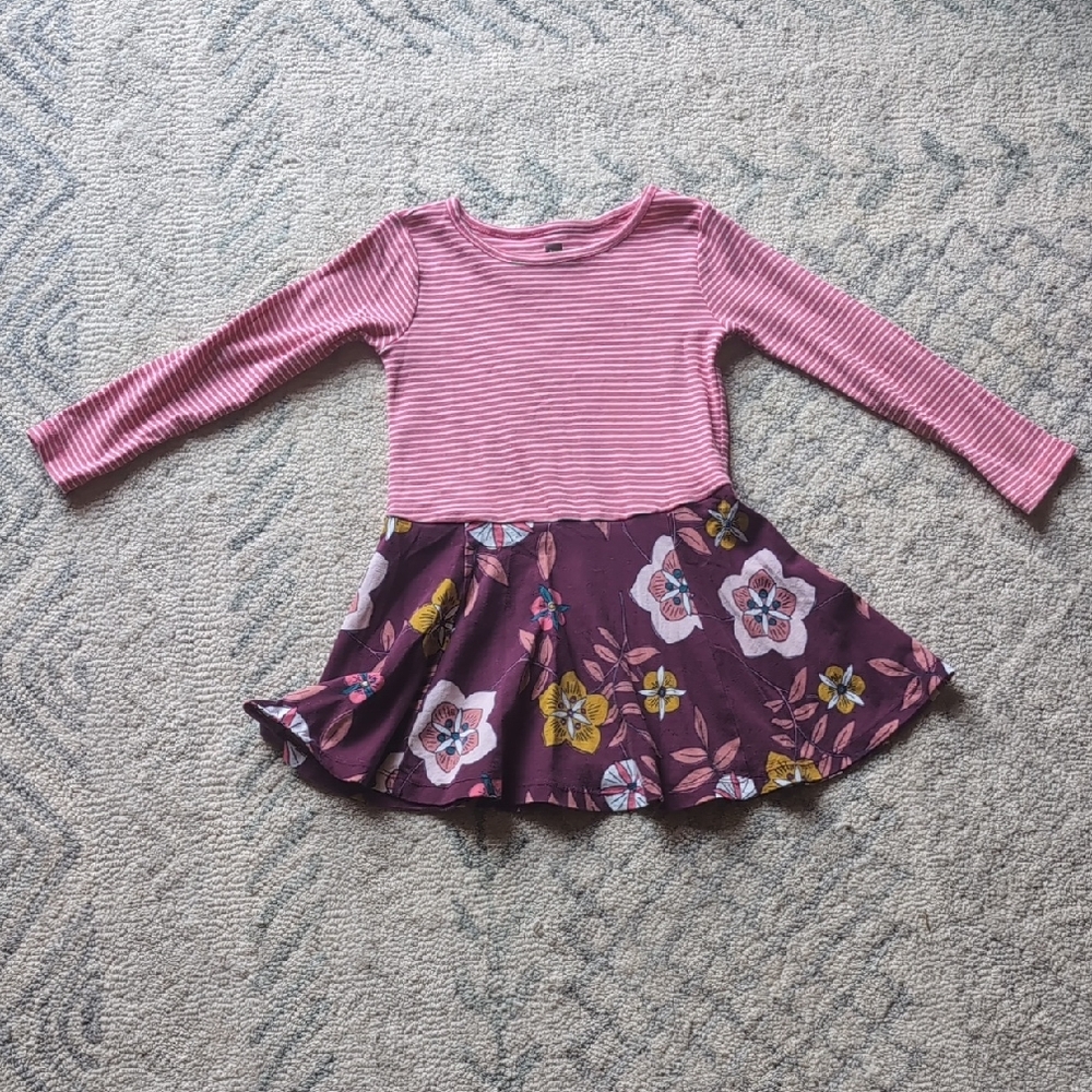 Tea Collection Pink and Purple Fit and Flare Dress with Ribbed Long Sleeves
